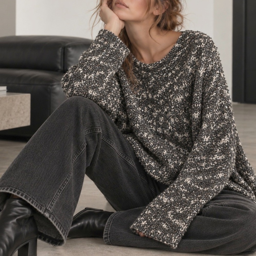 J. Jill Sweater Chunky Wool Blend Marled Knit Large Gray Cozy Cabincore Winter